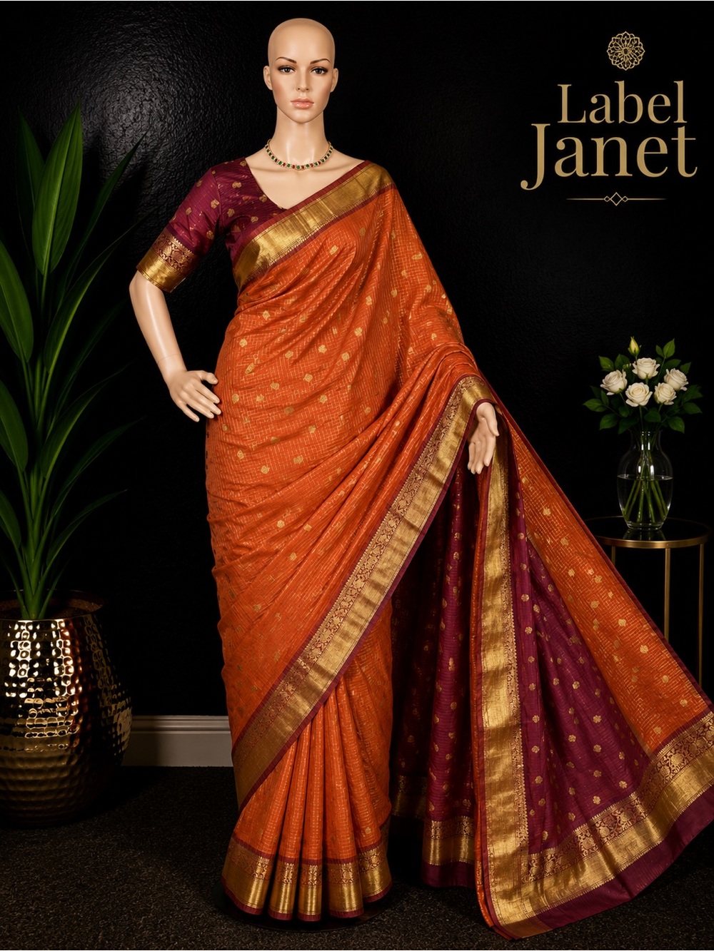 Brand new,Checked Banarasi silk saree with stitched blouse (34” - 42”)